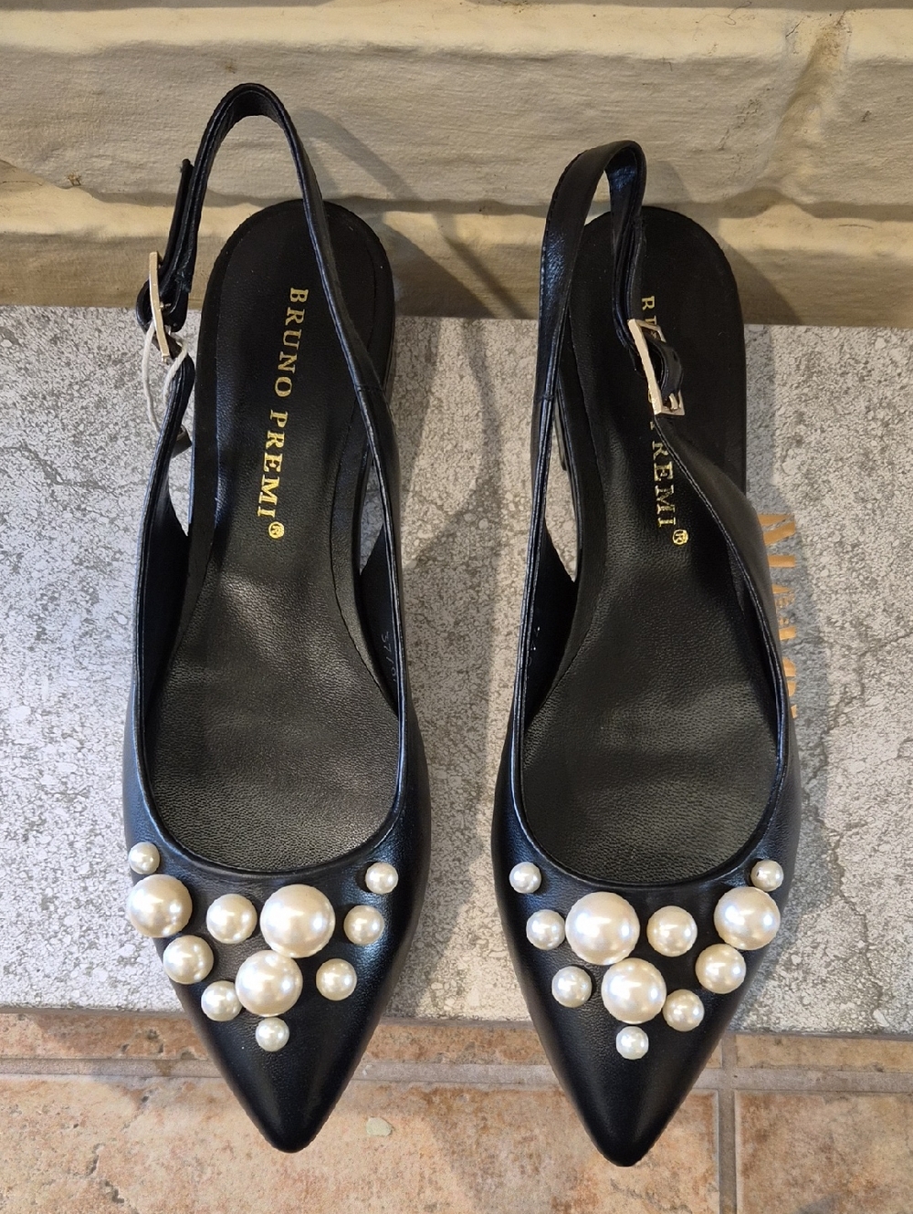 Bruno Premi Black Leather Pearl-Embellished Slingback Flats